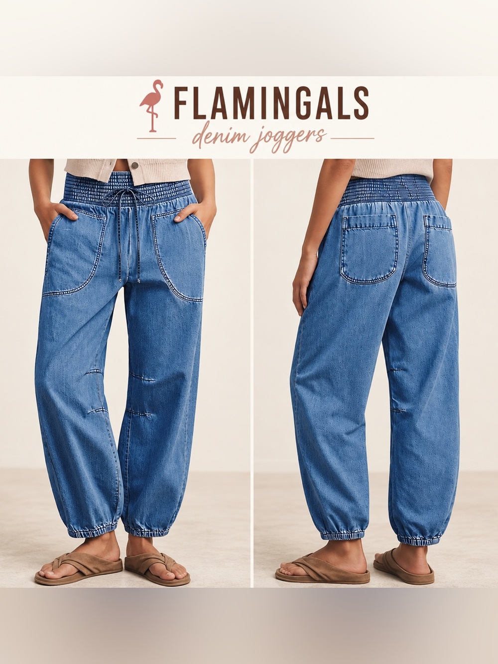 Flamingals High Waist Barrel Leg Jogger Drawstring Jeans for Women Size XS
